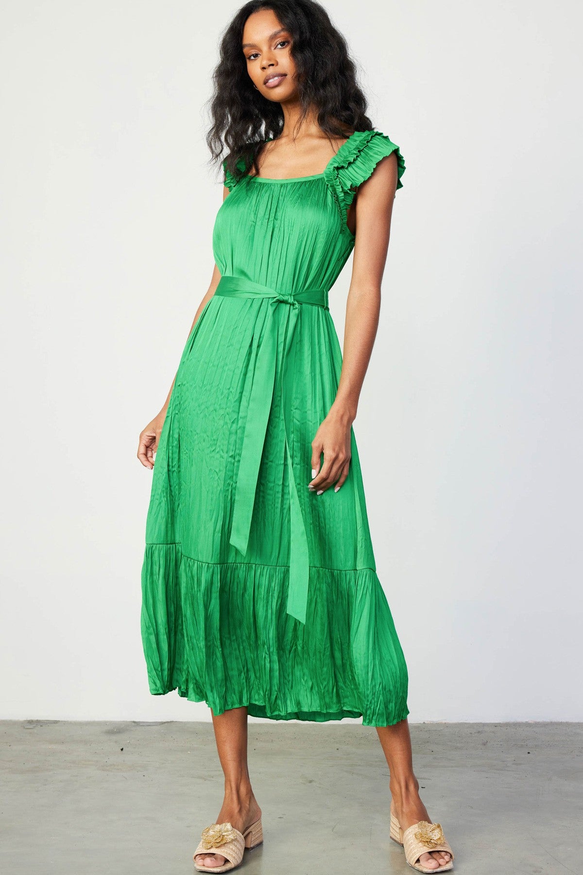 Crinkled Ruffle Shoulder Midi Dress