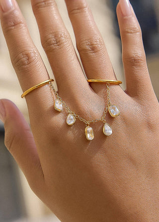 Ethereal Gold CZ Dangle Double Ring – Waterproof & Non - Tarnish - Verte Boutique