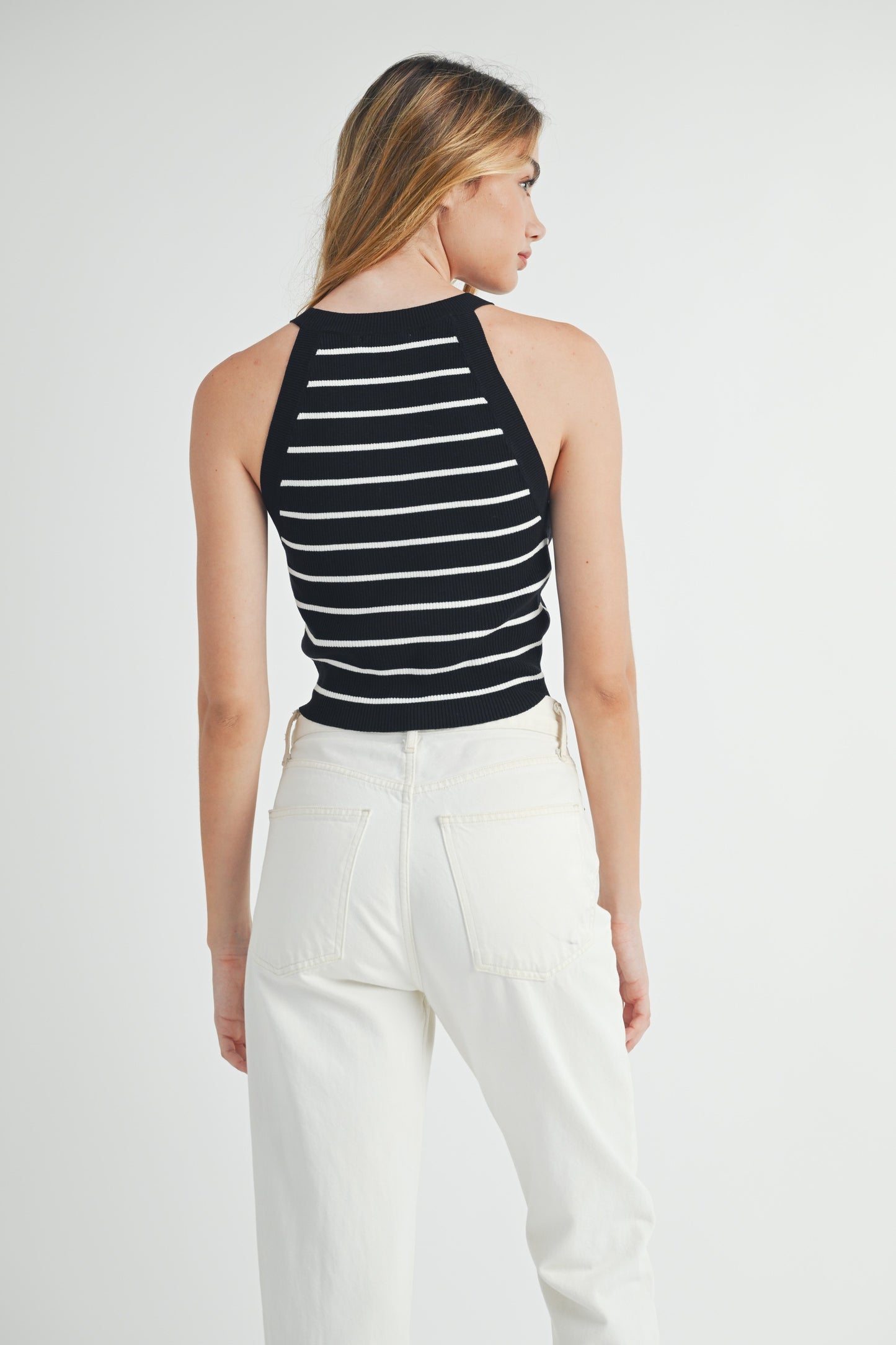 Sleeveless Striped Halter Knit Tank