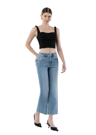 High Rise Clean Cut Raw Hem Ankle Slim Wide Stretch Jeans - Verte Boutique