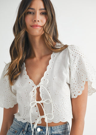 White Floral Eyelet Linen - Blend Tie - Front Crop Blouse - Verte Boutique