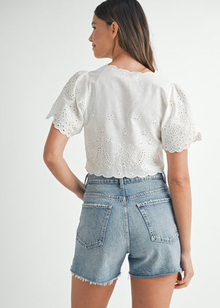 White Floral Eyelet Linen - Blend Tie - Front Crop Blouse - Verte Boutique
