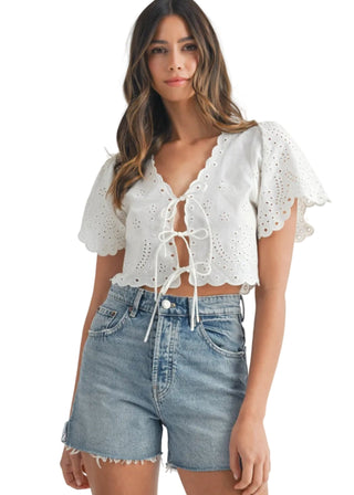 White Floral Eyelet Linen - Blend Tie - Front Crop Blouse - Verte Boutique