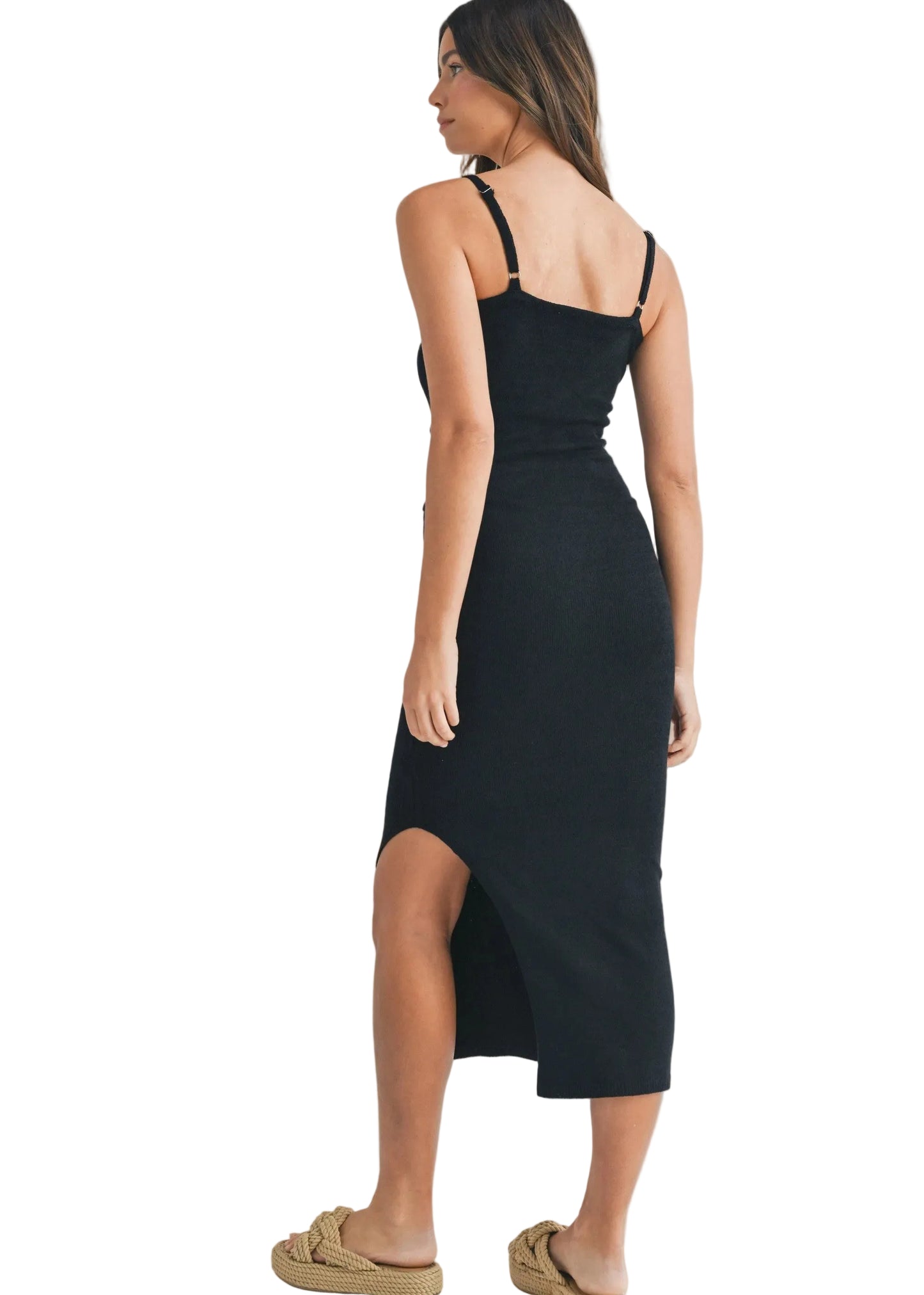 Black Knit Bodycon Front Cut Out Knit Midi Dress