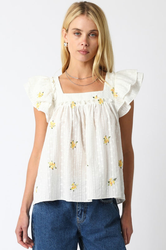 Ruffle Sleeve Embroidered Blouse