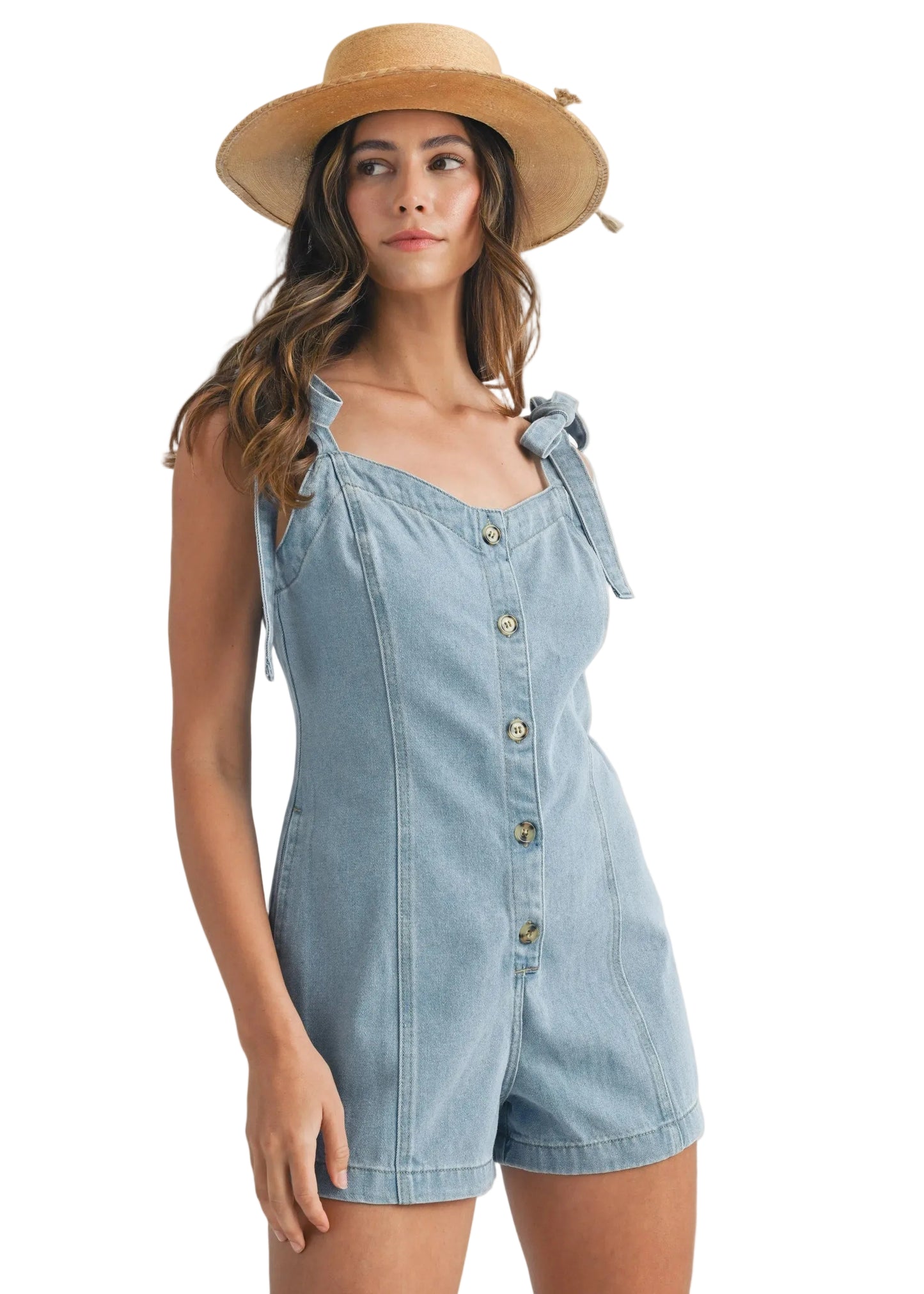 Denim Botton Front Romper with Tie Straps