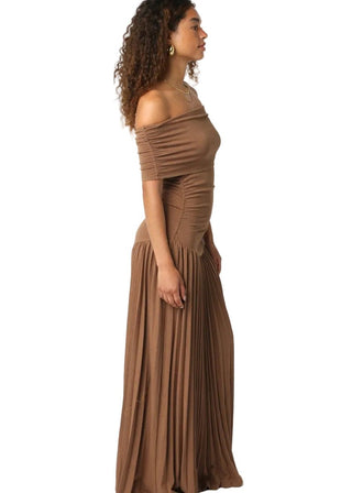 Mocha Off - The - Shoulder Pleated Drop Waist Maxi Dress - Verte Boutique