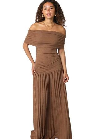 Mocha Off - The - Shoulder Pleated Drop Waist Maxi Dress - Verte Boutique