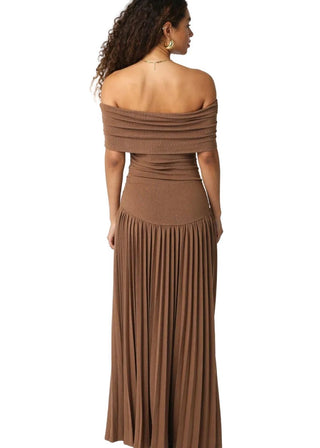 Mocha Off - The - Shoulder Pleated Drop Waist Maxi Dress - Verte Boutique