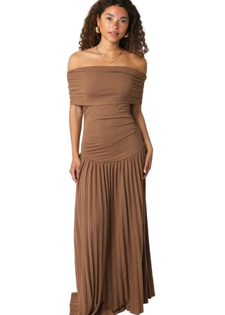 Mocha Off - The - Shoulder Pleated Drop Waist Maxi Dress - Verte Boutique