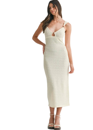 Boho Wood Bead Detail Pointelle Cutout Midi Dress - Verte Boutique