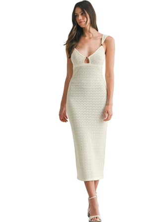 Boho Wood Bead Detail Pointelle Cutout Midi Dress - Verte Boutique