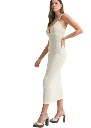 Boho Wood Bead Detail Pointelle Cutout Midi Dress - Verte Boutique