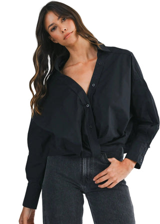 Effortless Front Twist Black Poplin Button - Down Blouse - Verte Boutique