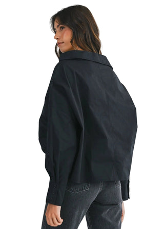Effortless Front Twist Black Poplin Button - Down Blouse - Verte Boutique