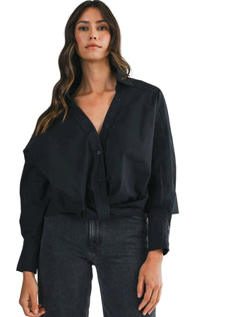 Effortless Front Twist Black Poplin Button - Down Blouse - Verte Boutique