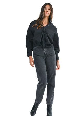 Effortless Front Twist Black Poplin Button - Down Blouse - Verte Boutique