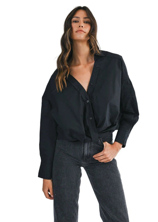 Effortless Front Twist Black Poplin Button - Down Blouse - Verte Boutique