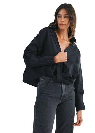 Effortless Front Twist Black Poplin Button - Down Blouse - Verte Boutique