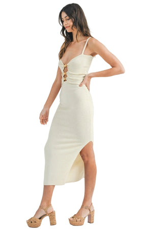 Cream Cut - Out Knit Bodycon Midi Dress | Wood Bead Detail - Verte Boutique