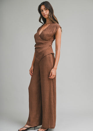 Luxe Textured Wrap Top & Wide - Leg Pant Set - Light Brown - Verte Boutique