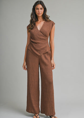 Luxe Textured Wrap Top & Wide - Leg Pant Set - Light Brown - Verte Boutique