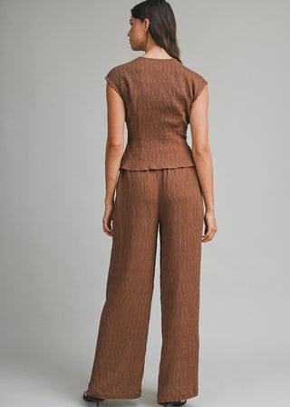 Luxe Textured Wrap Top & Wide - Leg Pant Set - Light Brown - Verte Boutique