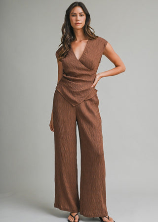Luxe Textured Wrap Top & Wide - Leg Pant Set - Light Brown - Verte Boutique