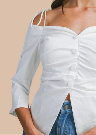Off Shoulder Tie Strap Fitted Strech Poplin Blouse - Verte Boutique