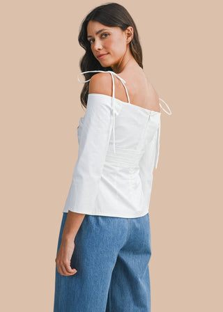 Off Shoulder Tie Strap Fitted Strech Poplin Blouse - Verte Boutique