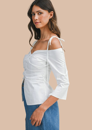 Off Shoulder Tie Strap Fitted Strech Poplin Blouse - Verte Boutique