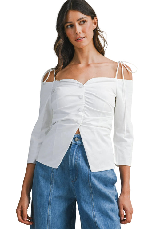 Off Shoulder Tie Strap Fitted Strech Poplin Blouse