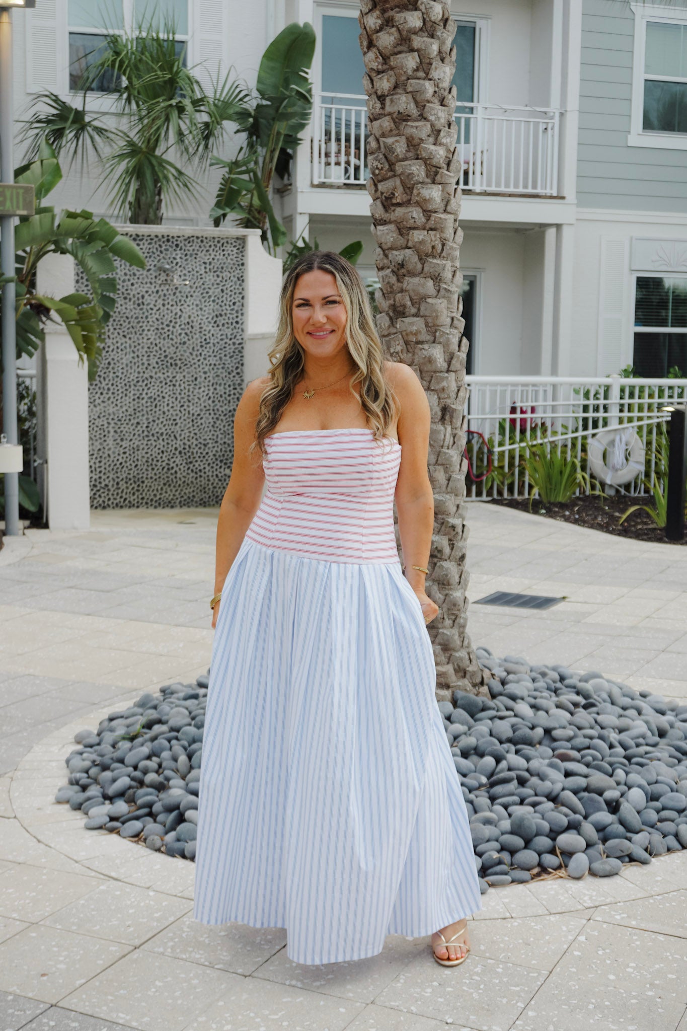 Patriotic Red & Blue Striped Strapless Pleated Midi Dress