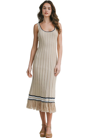 tan stretch knit midi dress with fringe on model