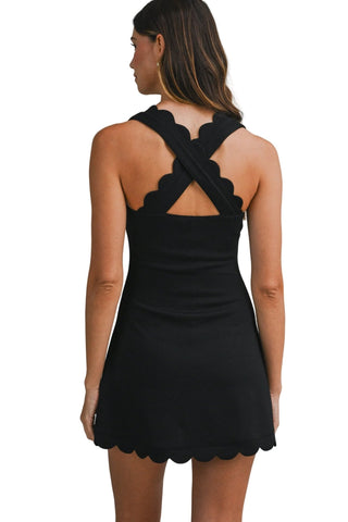 Black Scuba Scallop Square Neck Sleeveless Mini Dress With Shorts - Verte Boutique