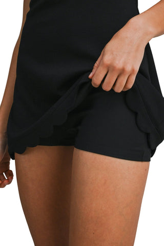 Black Scuba Scallop Square Neck Sleeveless Mini Dress With Shorts - Verte Boutique