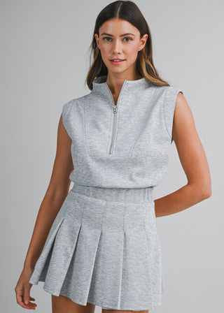 Heather Grey Scuba Half - Zip Pleated Romper - Verte Boutique