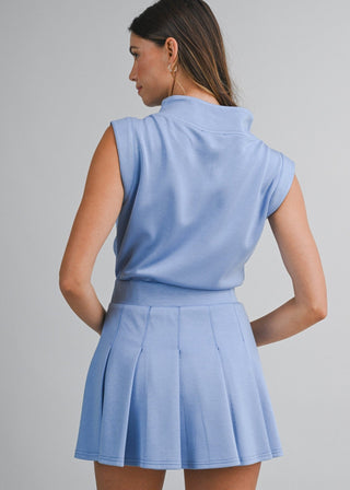 Periwinkle Scuba Half - Zip Pleated Romper - Verte Boutique