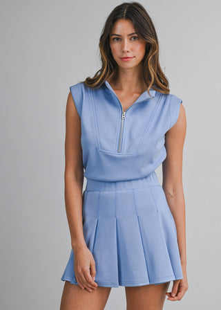 Periwinkle Scuba Half - Zip Pleated Romper - Verte Boutique