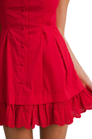 Red Poplin Mini Dress with Eyelet Lace Hem - Verte Boutique