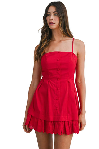 red poplin dress Red Poplin Mini Dress with Eyelet Lace Hem – Verte Boutique