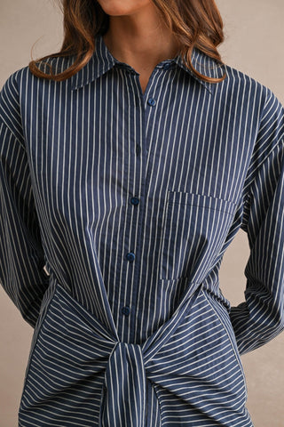 Striped Button Down Shirt Dress With Front Wrap Style Skirt