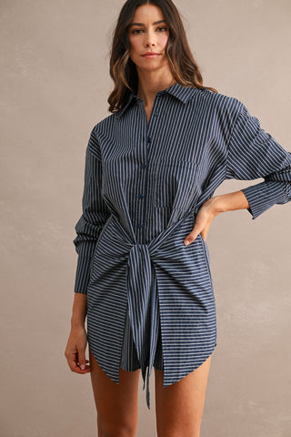 Striped Button Down Shirt Dress With Front Wrap Style Skirt