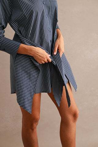 Striped Button Down Shirt Dress With Front Wrap Style Skirt