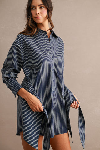 Striped Button Down Shirt Dress With Front Wrap Style Skirt