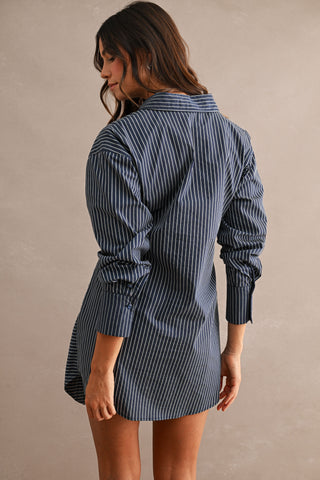 Striped Button Down Shirt Dress With Front Wrap Style Skirt