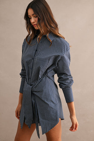 Striped Button Down Shirt Dress With Front Wrap Style Skirt