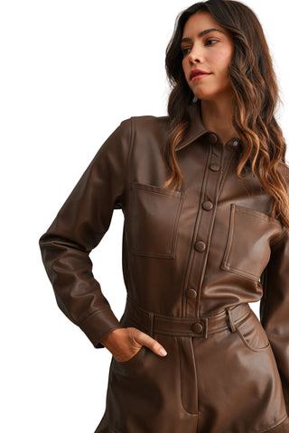 Faux Leather Button Down Belted Waist Romper - Verte Boutique