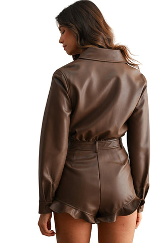 Faux Leather Button Down Belted Waist Romper - Verte Boutique
