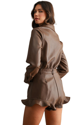 Faux Leather Button Down Belted Waist Romper - Verte Boutique